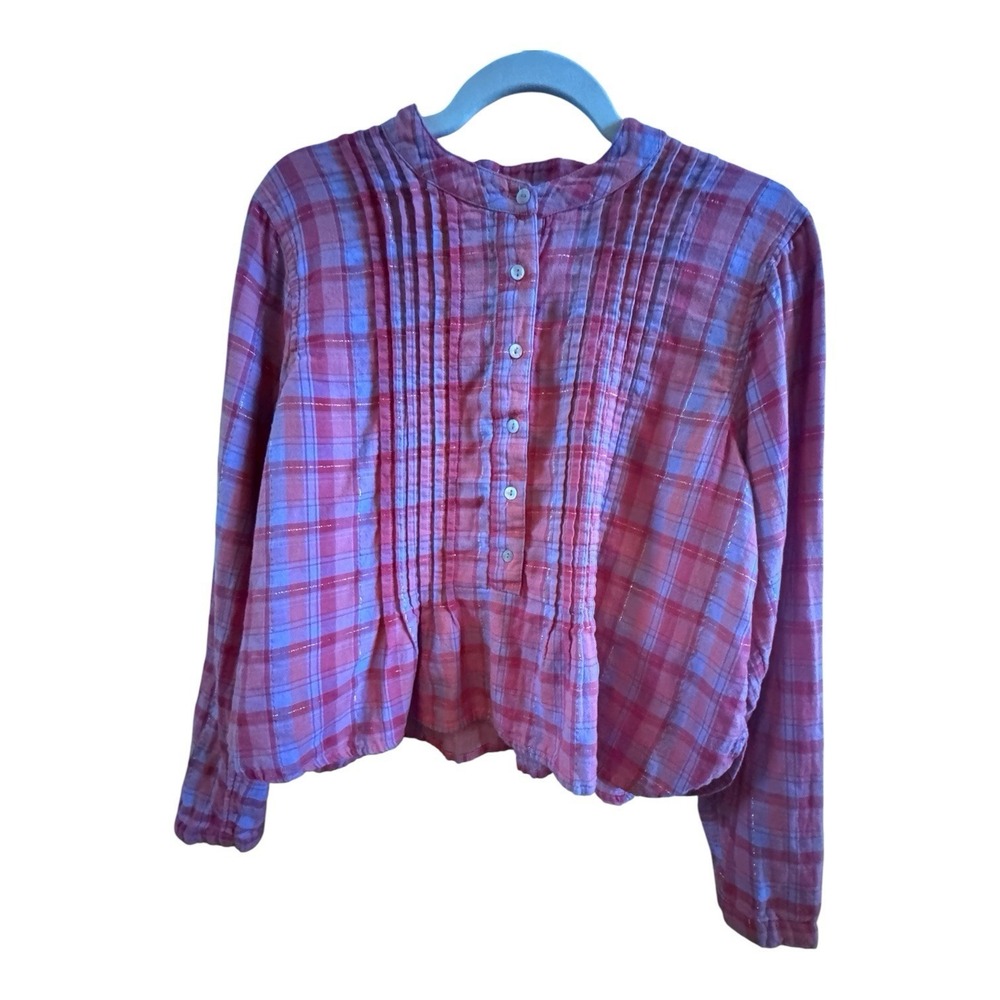 Natural Life Montana Pink Purple Plaid Sz Small‎ Button Up Pintuck Shirt Pleated